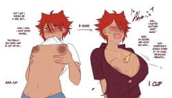 before_and_after big_breasts breast_expansion busty_boy cat_ears catboy curvy_male lifted_shirt napsuto popped_button red_hair small_breasts tight_clothing wardrobe_malfunction yellow_eyes