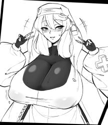 1girls alternate_breast_size androgyne_symbol blush breasts bridget cleavage double_v erect_nipples female fingerless_gloves guilty_gear guilty_gear_strive heart-shaped_pupils huge_breasts monochrome nipple_bulge nipples_visible_through_clothing nun rule_63 short_hair smile solo suwacrab sweat sweatdrop