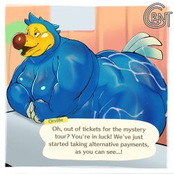 absurd_res after_sex animal_crossing anthro ass avian beak bedroom_eyes bent_over bird blue_body blue_feathers bodily_fluids cocoronut columbid cum cum_on_belly cum_on_body cum_on_butt cum_on_leg desk dialogue dodo feathers furniture genital_fluids hands_together hands_together_elbows_apart hi_res inside leaning leaning_forward male moob_squish moobs narrowed_eyes nintendo nude offering_sex orville_(animal_crossing) overweight overweight_male seductive solo speech_bubble standing superchub sweat table tail_feathers talking_to_another window yellow_beak