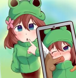 1boy 1girls blowjob blowjob_face blue_eyes blue_eyes_female brown_hair cheek_bulge chipmunking confused confused_blowjob confused_look dick fellatio female female_focus female_human flower flower_in_hair frog frog_girl frog_hair_ornament frog_hat girl green_clothing green_jacket hat heart-shaped_pupils human jacket light-skinned_female light_skin male oral oral_insertion oral_penetration oral_sex owozu phone phone_camera phone_screen sex sirivt sucking sucking_penis virtual_youtuber vtuber vtuberfanart