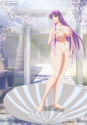 1girls areolae athena_(saint_seiya) barefoot big_breasts breasts completely_nude completely_nude_female female female_only fine_art_parody full_body goddess innie_pussy long_hair naked naked_female nipples nude nude_female pale-skinned_female pale_skin public_domain purple_hair pussy riffsandskulls saint_seiya saori_kido shounen_jump solo solo_female the_birth_of_venus thick_thighs wide_hips