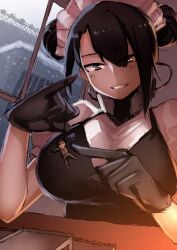 agent_(girls'_frontline) anime_style big_breasts black_gloves black_hair black_outfit black_shirt blush breasts brown_eyes city fingers giantess girls'_frontline gloves hands holding indoors macrophilia pointing shrunk shrunken smiling string tiny_person twitter