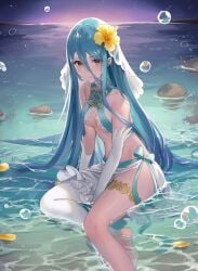 1girls asymmetrical_gloves azura_(fire_emblem) blue_hair breasts brown_eyes cleavage closed_mouth elbow_gloves female female_only fire_emblem fire_emblem_fates flower gloves hair_between_eyes hair_flower hair_ornament haru_(nakajou-28) hibiscus long_hair looking_at_viewer night nintendo ocean outdoors single_leg_warmer sitting small_breasts solo thighlet very_long_hair white_gloves yellow_flower