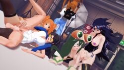 1boy 2futas 2girls 3d all_fours asui_tsuyu asui_tsuyu_(hero_outfit) black_hair bottomless breasts crossover doggy_style faust_seiker female filming futa_on_female futanari green_hair long_hair midnight_(my_hero_academia) my_hero_academia nami nami_(one_piece) nico_robin oc one_piece orange_hair pasties post-timeskip recording self_upload shooting spoon_position spooning studio sunglasses teacher_and_student thighhighs tsuyu_asui