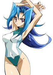 1girls blue_hair breasts dntks erect_nipples female kamishiro_rio long_hair looking_at_viewer one-piece_swimsuit red_eyes rio_kamishiro solo swimsuit white_background yu-gi-oh! yu-gi-oh!_zexal