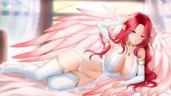 1girls angel angel_wings bed breasts bridal_gauntlets choker elf_ears gigamessy green_eyes large_breasts laying_on_bed lingerie long_hair looking_at_viewer midriff navel necklace negligee on_bed original panties red_hair thighhighs white_lingerie white_negligee white_panties wings