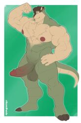 2023 3_toes 5_fingers anthro balls bara bara_tiddies bara_tits big_chest big_pecs chesnaught chest_tuft erection feet fingers generation_6_pokemon genitals gigantic_chest green_background green_body hi_res huge_chest huge_pecs humanoid_genitalia humanoid_penis hunnipanda large_pectorals looking_at_viewer male male_only manboobs massive_chest massive_pecs moobs muscular muscular_anthro muscular_male nintendo nipples penis pink_nipples pokemon pokemon_(species) pose simple_background smile solo tan_body toes tuft vein veiny_penis