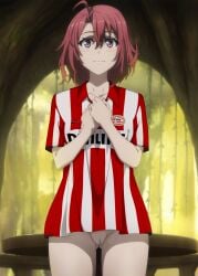 ai_generated bottomless cow_girl_(goblin_slayer) goblin_slayer looking_at_viewer nekom14 no_panties pink_eyes pink_hair psv_eindhoven short_hair soccer soccer_jersey