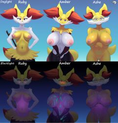 anthro areola big_breasts braixen breasts canid canine cheek_tuft delphox facial_tuft female female_only fennekin fur generation_6_pokemon kyuq mammal multicolored_body multicolored_fur navel nintendo nipples orange_body orange_fur pokemon pokemon_(species) shouder_tuft stick tuft white_body white_fur yellow_body yellow_fur