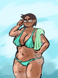 1girls background beach big_breasts bikini blue_bikini brown_hair camila_noceda chubby chubby_female fogged_glasses glasses huge_breasts milf minigonchar mother nipples solo solo_female steam steaming_body sweaty_body the_owl_house thick_thighs tummy