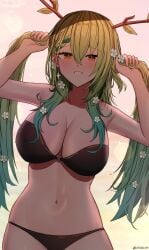 belly_button black_bra black_panties bra breasts ceres_fauna cleavage green_hair holding_hair hololive hololive_english hololive_english_-council- hololive_english_-promise- kotodekun large_breasts looking_at_viewer panties smile tagme twintails underwear virtual_youtuber