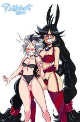 2girls animal_ears black_bra black_eyes black_panties blush body_blush bra cameltoe carpet_matching_drapes chupicron cleavage clenched_teeth elbow_gloves feet_out_of_frame female_only female_pubic_hair freckles_on_face frontal_wedgie garter_straps gluteal_fold grin highleg_panties large_breasts linea_alba lingerie lingerie_only looking_at_viewer medium_breasts midriff multiple_girls naughty_face navel necklace negahareietta original panties partially_visible_vulva pointy_ears pubic_hair pubic_hair_peek pussy pyito red_bra red_panties short_hair simple_background standing surprised tail teasing thighhighs thong thong_panties very_long_hair white_background white_hair yellow_eyes