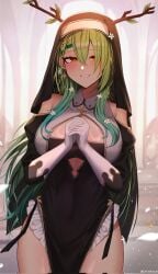 ceres_fauna church female gloves green_hair hololive hololive_english hololive_english_-council- hololive_english_-promise- kotodekun long_hair looking_at_viewer nun nun_outfit revealing_clothes skimpy smile tagme thighs virtual_youtuber