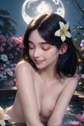 1girls ai_generated black_hair closed_eyes fefa_ai_art fefaaiart female female_only light-skinned_female moonlight nipples small_breasts solo stable_diffusion upper_body