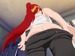 1girls ass ass_cleavage ass_focus butt_crack circlet female_only gym high_ponytail jeans locker_room long_hair necromalock offscreen_male ponytail pov pulling_down_pants pyrrha_nikos red_hair rwby selfie solo tagme text