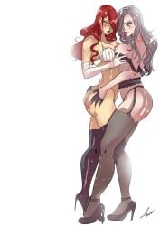 2girls ass black_bra black_gloves black_lingerie black_panties bra breasts breasts_frottage brown_eyes elbow_gloves female female_only garter_belt garter_straps gloves grey_hair hair_over_one_eye hand_on_ass height_difference high_heels large_breasts lingerie long_hair lufidelis midriff mitsuru_kirijo multiple_girls nipples panties persona persona_3 persona_5 red_eyes red_hair sae_niijima short_gloves thighhighs unhooked_bra white_bra white_lingerie white_panties yuri