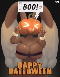 2022 5_fingers anthro big_breasts breasts brown_body brown_fur digital_media_(artwork) female female_only fingers food fruit fur generation_4_pokemon halloween hi_res holidays huge_breasts kyuq long_ears lopunny multicolored_body multicolored_fur nintendo pokemon pokemon_(species) pumpkin pumpkin_head solo tan_body tan_fur