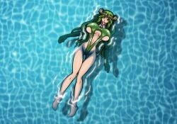 1girls ball_gag bondage bondage_mittens collar green_eyes green_hair green_latex green_swimsuit hourglass_figure kid_icarus kid_icarus_uprising large_breasts latex_swimsuit long_green_hair long_sleeves nintendo palutena pool re-maker remaker swimming_pool swimsuit