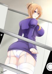 1girls ass big_ass blonde_hair blue_dress blue_eyes breasts camera discipline:record_of_a_crusade dress garter_straps hair_bun large_breasts looking_at_viewer looking_back mole mole_under_mouth morimoto_reina panties teacher the-sinner thick_thighs thighhighs upskirt white_panties