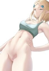 1girls bare_thighs blonde_hair bottomless breasts dutch_angle english_commentary female female_only from_below green_eyes green_sports_bra hair_ornament hairclip hand_on_own_hip highres looking_at_viewer looking_down medium_breasts navel nintendo parted_bangs pointy_ears pomelomelon princess_zelda pussy short_hair sidelocks simple_background smile solo sports_bra tank_top tears_of_the_kingdom the_legend_of_zelda the_legend_of_zelda:_tears_of_the_kingdom thighs uncensored white_background zelda_(tears_of_the_kingdom)