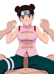 1boy 1girls before_sex breasts chinese_clothes clenched_teeth completely_nude completely_nude_male cowgirl_position double_bun embarrassed erect_penis erection female fully_clothed fully_clothed_female headband holding_hands imminent_penetration imminent_vaginal konohagakure_symbol kunoichi larger_male looking_at_viewer male male/female male_pov naruto naruto_(classic) naruto_(series) ninja outercourse pants penis petite petite_body petite_female pov shirt sitting sitting_on_person size_difference sleeveless sleeveless_shirt small_but_busty smaller_female straddling tenten tenten(genin) tied_hair twin_buns veruvia12 vest young younger_female