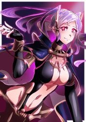 1girls alternate_costume breasts cleavage female female_only fire_emblem fire_emblem_awakening fire_emblem_heroes grima_(fire_emblem) jewelry looking_at_viewer navel nintendo official_alternate_costume robin_(female)_(fell_tactician)_(fire_emblem) robin_(fire_emblem) robin_(fire_emblem)_(female) solo to_(tototo_tk) twintails white_hair wide_hips