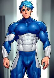 1boy ai_generated bara blue_eyes blue_hair gay latex_clothing male_focus male_only muscular muscular_male nexusgarden nipples_visible_through_clothing