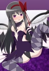 1girls akemi_homura akuma_homura black_hair curvaceous curvy curvy_body curvy_female curvy_figure feathered_wings feathers human human_only light-skinned_female light_skin long_hair looking_at_viewer magia_record:_mahou_shoujo_madoka_magica_gaiden mahou_shoujo_madoka_magica mahou_shoujo_madoka_magica:_hangyaku_no_monogatari mahou_shoujo_madoka_magica_movie puella_magi_madoka_magica purple_eyes red_ribbon ribbon simple_background small_breasts solo solo_female solo_focus spread_legs syuruken1203 white_skin young