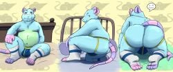 2022 absurd_res anthro ass bed belly blue_body bulge clothing dark_sparce furniture hi_res jockstrap male mammal moobs murid murine nipples overweight overweight_male rat rodent sitting solo underwear