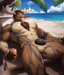 2_horns amon-sydonai anthro balls beverage body_hair chest_hair deer diffuse_moose genitals hi_res horn male mammal moose muscular muscular_anthro muscular_male new_world_deer penis vein veiny_penis