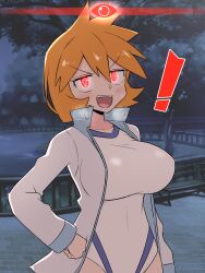 ! 1girls 2023 alpha_pokémon bell_haircut bench big_breasts blush blush_lines blushing_at_viewer breasts busty clothing glowing_eyes hand_on_hip kasumi_(pokemon) kurachi_mizuki looking_at_viewer night open_mouth orange_hair plump_breasts pokemon pokemon_legends:_arceus pokemon_rgby red_eyes short_hair solo sweat sweaty thick_thighs white_skin