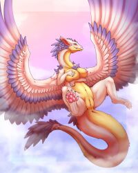 anthro anus areola blush breasts dragon feathered_wings feathers female fur genitals hi_res nipples non-mammal_breasts nude pussy smile solo stickdora wings