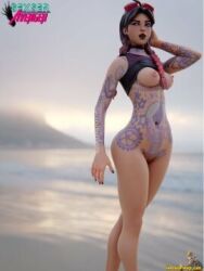 ass beach beach_jules big_breasts breast breasts choker flashing_breasts fortnite hands_behind_head jules_(fortnite) looking_at_viewer low_res lowres ocean pussy sexser_avenger shirt shirt_lift shirt_up tattoo tattoos