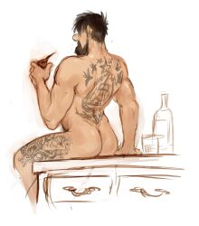 1boy beard big_butt black_hair captain_haddock gay male_only muscular naked sitting tattoo the_adventures_of_tintin unaware