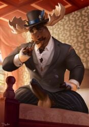 anthro antlers balls bedroom brown_hair clothing deer diffuse_moose drawller facial_hair fingers furniture genitals hair hi_res hooved_fingers hooves horn kneeling looking_at_viewer male mammal moose moustache new_world_deer on_bed penis smoking_pipe solo suit vein veiny_penis victorian