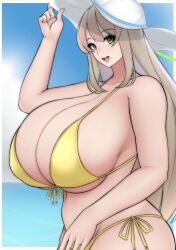 1girls abydos_high_school_student alternate_breast_size alternate_costume beach big_breasts bikini blue_archive busty enormous_breasts eyebrows_visible_through_hair female female_only foreclosure_task_force_(blue_archive) gigantic_breasts green_eyes huge_breasts large_breasts light-skinned_female light_skin long_hair looking_at_viewer massive_breasts nantene nonomi_(blue_archive) nonomi_(swimsuit)_(blue_archive) official_alternate_costume open_mouth open_smile side-tie_bikini side_view smile smiling_at_viewer solo solo_female solo_focus sun_hat yellow_bikini