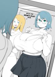 2girls big_breasts blonde_hair blue_hair blush breasts_bigger_than_head daniella_(setawar) female female_only freya_(setawar) glasses huge_breasts multiple_girls setawar_(coco)