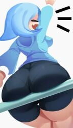 alaki_zezo ass big_ass blue_hair bottom_heavy child_bearing_hips closed_eyes dat_ass deva_(gwain_saga) from_below gwain_saga huge_ass medium_breasts short_hair shorts tagme thick_thighs thunder_thighs waving wide_hips