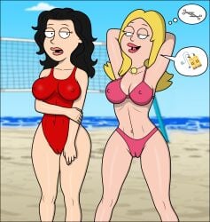 american_dad bikini blonde_hair brown_hair cameltoe francine_smith gender_bender original_character pink_bikini red_swimsuit scissoring scissors sexfightfun sexfightfun_(character) swimsuit tribadism tribbing