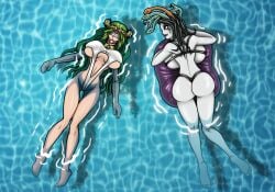 2girls ball_gag black_bikini black_swimsuit blindfold bondage bondage_mittens collar edit floatie green_hair hourglass_figure kid_icarus kid_icarus_uprising large_breasts latex_swimsuit long_green_hair long_sleeves medusa medusa_(kid_icarus) nintendo palutena pool pool_toy re-maker remaker swimming_pool swimsuit third-party_edit white_blindfold white_latex white_swimsuit