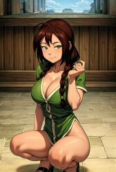 1girls ai_generated avatar_legends avatar_the_last_airbender big_breasts bohdan_sus bottomless braided_hair braided_twintails breasts cleavage earth_kingdom female female_focus female_only green_eyes happy happy_female jin_(avatar) kneeling looking_at_viewer outdoors smile smiling solo solo_female solo_focus stable_diffusion twintails