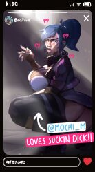 1girls ass big_ass big_breasts big_butt blue_eyeshadow blue_hair blue_lipstick blue_nails breasts clothed earrings english_text female heart instagram instagram_story mochi_miles non-con photo ponytail ripped_clothing screencap slime_rancher tongue tongue_out triangle_earrings wide_hips