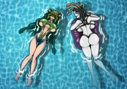 2girls ball_gag black_bikini black_swimsuit blindfold bondage bondage_mittens collar floatie green_blindfold green_hair green_latex green_swimsuit hourglass_figure kid_icarus kid_icarus_uprising large_breasts latex_swimsuit long_green_hair long_sleeves medusa medusa_(kid_icarus) nintendo palutena pool pool_toy re-maker remaker swimming_pool swimsuit