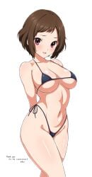 1girls bikini brown_hair collarbone commission elun_(llelunlun) english_text female hyouka light-skinned_female light_skin looking_at_viewer medium_breasts medium_hair micro_bikini open_mouth red_eyes side-tie_bikini simple_background solo standing sweat text thick_thighs white_background