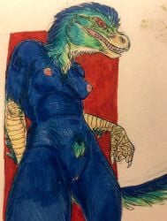 anthro beak breasts claws dinosaur feathered_dinosaur feathers female hi_res justcartilage nipples nude pubes reptile scales scalie solo tail