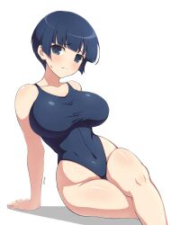 1girls blue_eyes blue_hair blunt_bangs crossed_legs elun_(llelunlun) eyebrows_visible_through_hair female large_breasts light-skinned_female light_skin looking_at_viewer midriff navel one-piece_swimsuit senran_kagura shadow short_hair simple_background solo tagme thick_thighs white_background yozakura_(senran_kagura)