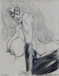 2005 big_breasts black_cat_(marvel) bodysuit bodysuit_open breasts breasts_bigger_than_head breasts_out erect_nipples felicia_hardy female julius_zimmerman marvel marvel_comics mask masked_female nipples off_shoulder spider-man_(series) unzipped_bodysuit white_hair