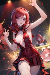 accidental_exposure ai_generated breasts clothing_damage dress love_live! love_live!_school_idol_project nipples nishikino_maki on_stage one_breast_out red_hair short_hair wardrobe_malfunction