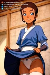 1girls ai_generated avatar_legends avatar_the_last_airbender blue_eyes dark-skinned_female dinixdream female katara panties robe robe_lift solo water_tribe white_panties