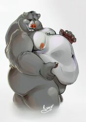 2016 anthro ass balls baloo bear belly belly_grab big_belly big_butt claws fur genitals head_turned hi_res looking_at_viewer male male_only mammal moobs mouth_closed navel nipples nude obese obese_anthro obese_male one_eye_closed overweight overweight_anthro overweight_male raivenderouthelion_(artist) side_view signature smile solo standing the_jungle_book wink